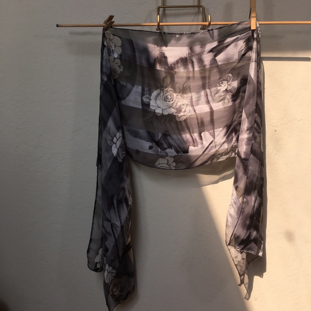 Sheer Floral Roses Scarf Black Gray Rectangular - Picture 2 of 5